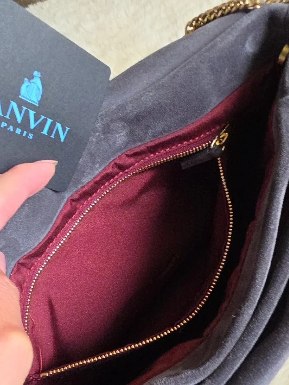 Lanvin Charcoal Suede Shoulder Bag with Gold Chain